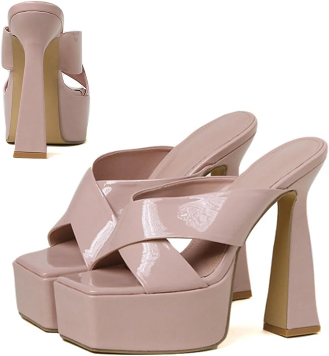 Women's Patent Leather Platform Chunky High Heel Mules Sandals,Comfortable Square Open Toe Block Heel Sandals, Sexy Party Dancing High Heels