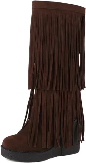 Women's Tassel Wedges Heel Long Boots Fringe Wide Calf Snow Boots