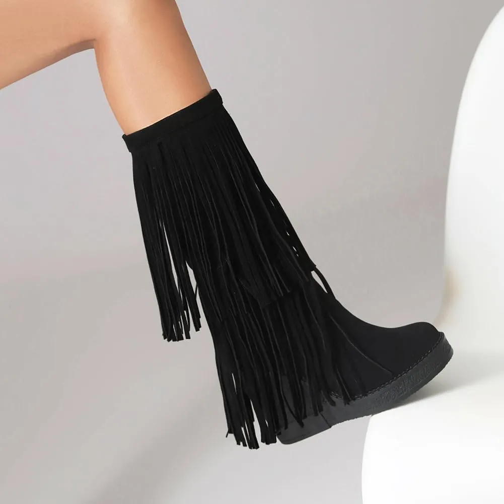 Women's Tassel Wedges Heel Long Boots Fringe Wide Calf Snow Boots