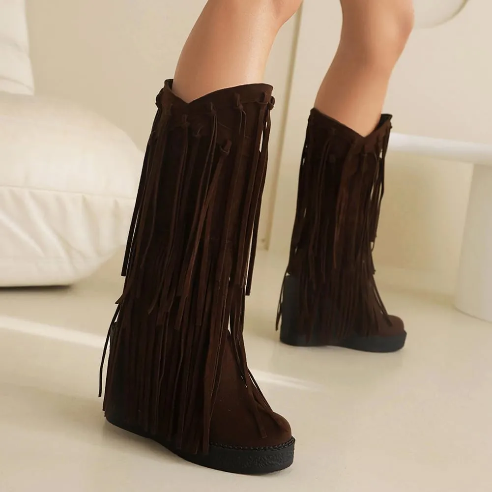 Women's Tassel Wedges Heel Long Boots Fringe Wide Calf Snow Boots
