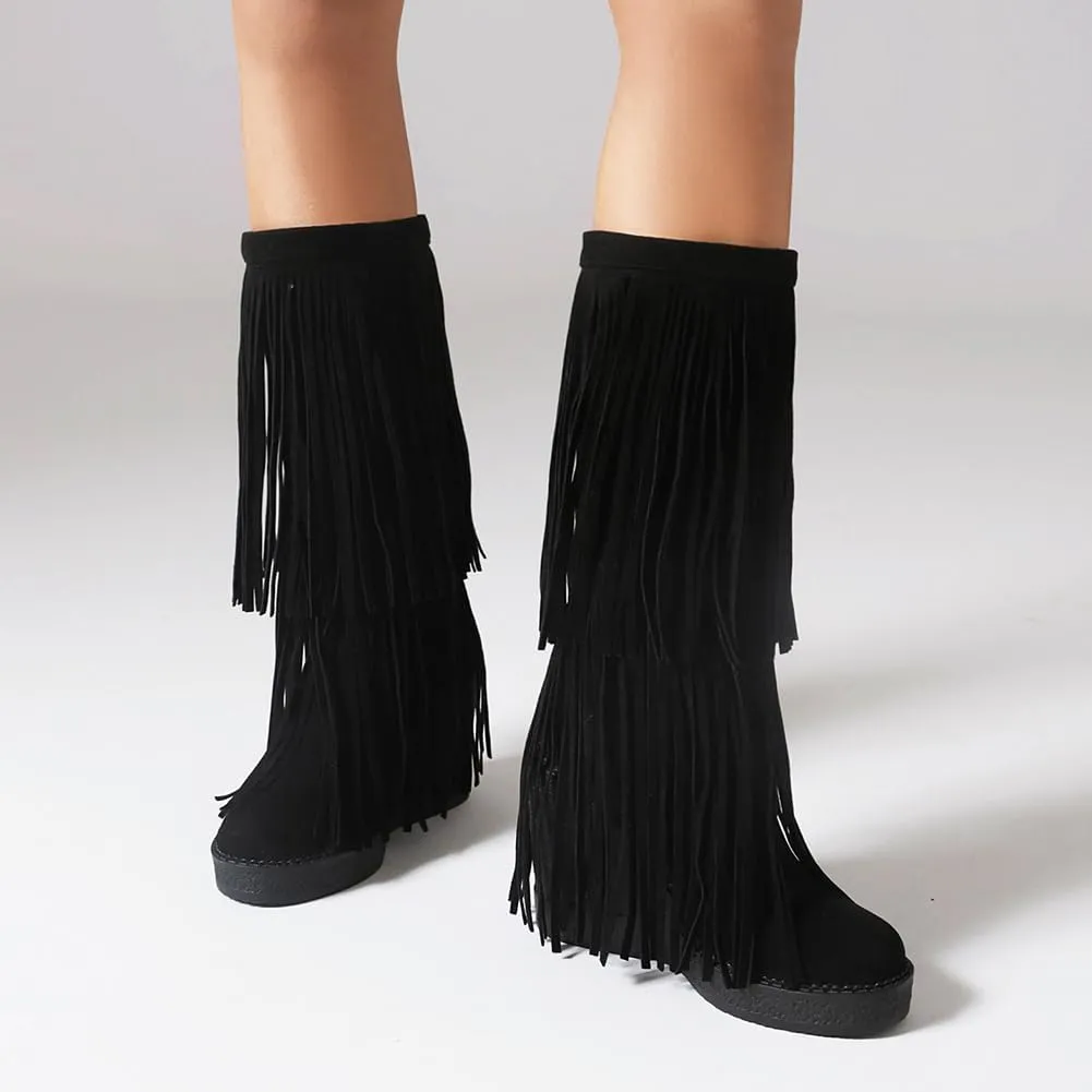 Women's Tassel Wedges Heel Long Boots Fringe Wide Calf Snow Boots