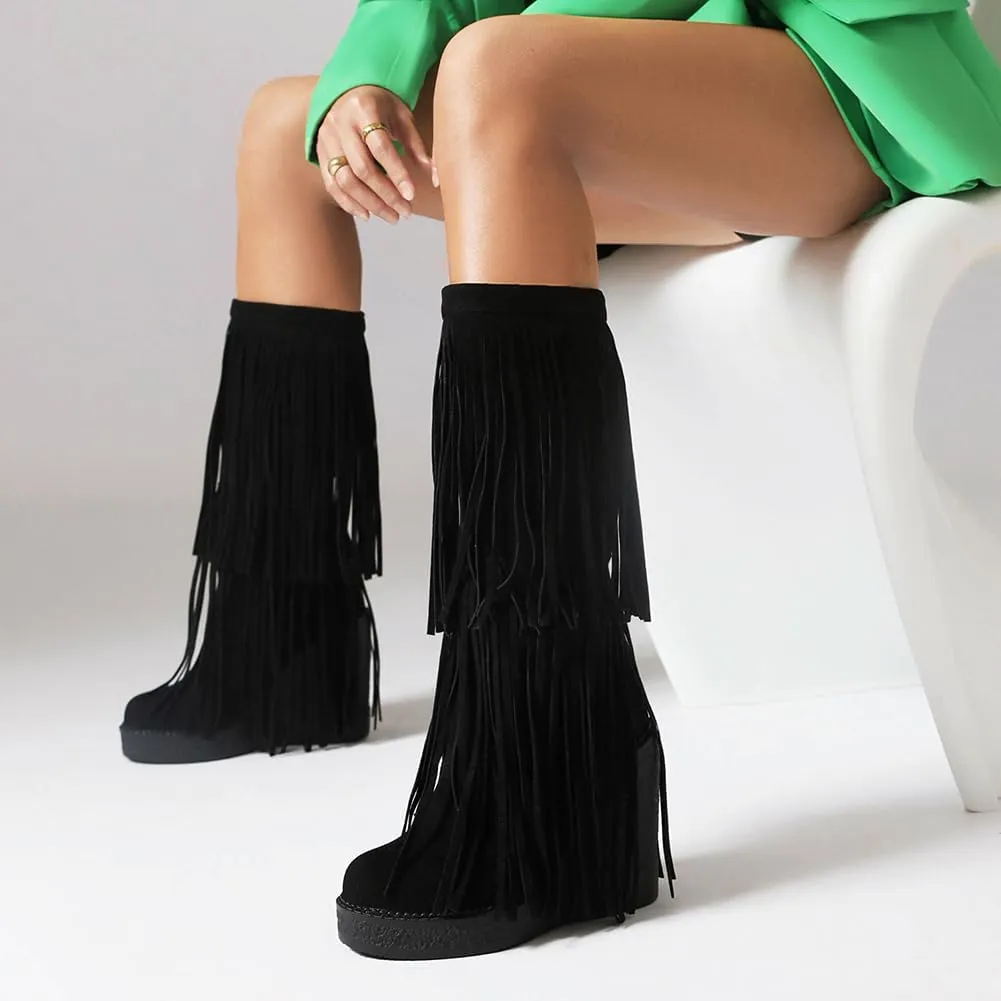 Women's Tassel Wedges Heel Long Boots Fringe Wide Calf Snow Boots