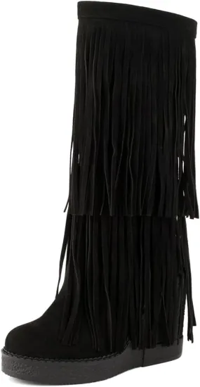 Women's Tassel Wedges Heel Long Boots Fringe Wide Calf Snow Boots