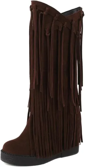 Women's Tassel Wedges Heel Long Boots Fringe Wide Calf Snow Boots