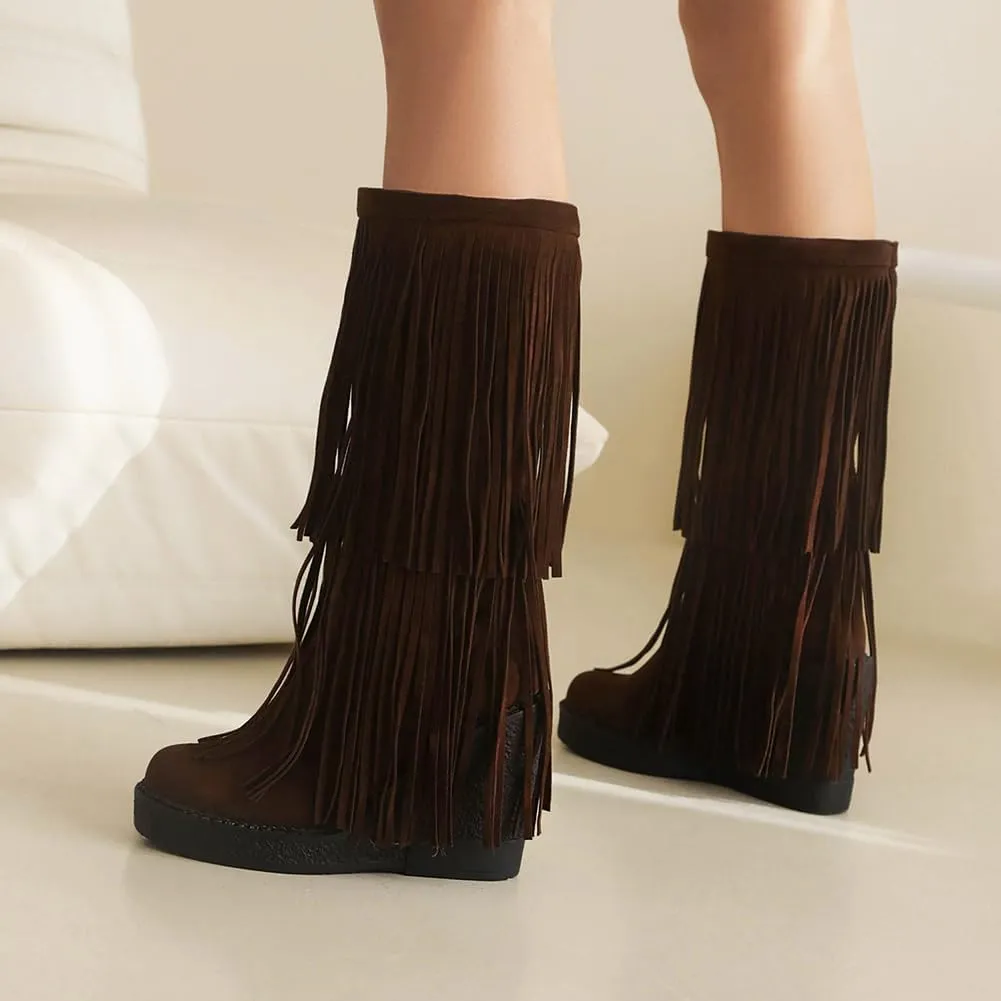 Women's Tassel Wedges Heel Long Boots Fringe Wide Calf Snow Boots