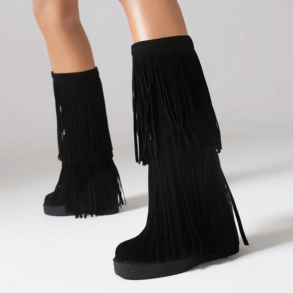 Women's Tassel Wedges Heel Long Boots Fringe Wide Calf Snow Boots