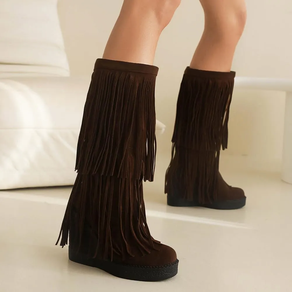 Women's Tassel Wedges Heel Long Boots Fringe Wide Calf Snow Boots