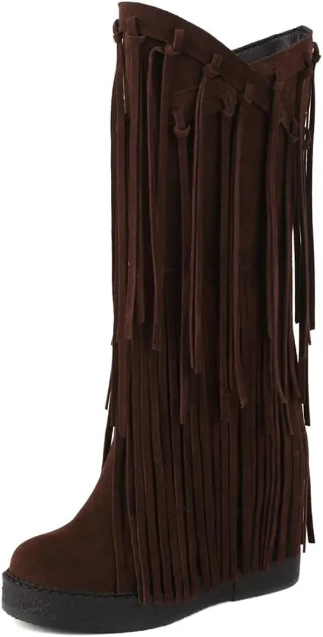 Women's Tassel Wedges Heel Long Boots Fringe Wide Calf Snow Boots