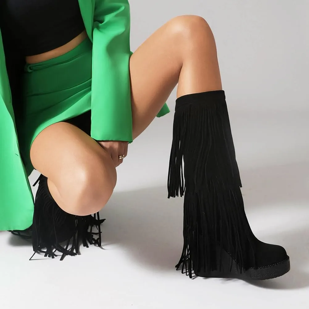 Women's Tassel Wedges Heel Long Boots Fringe Wide Calf Snow Boots