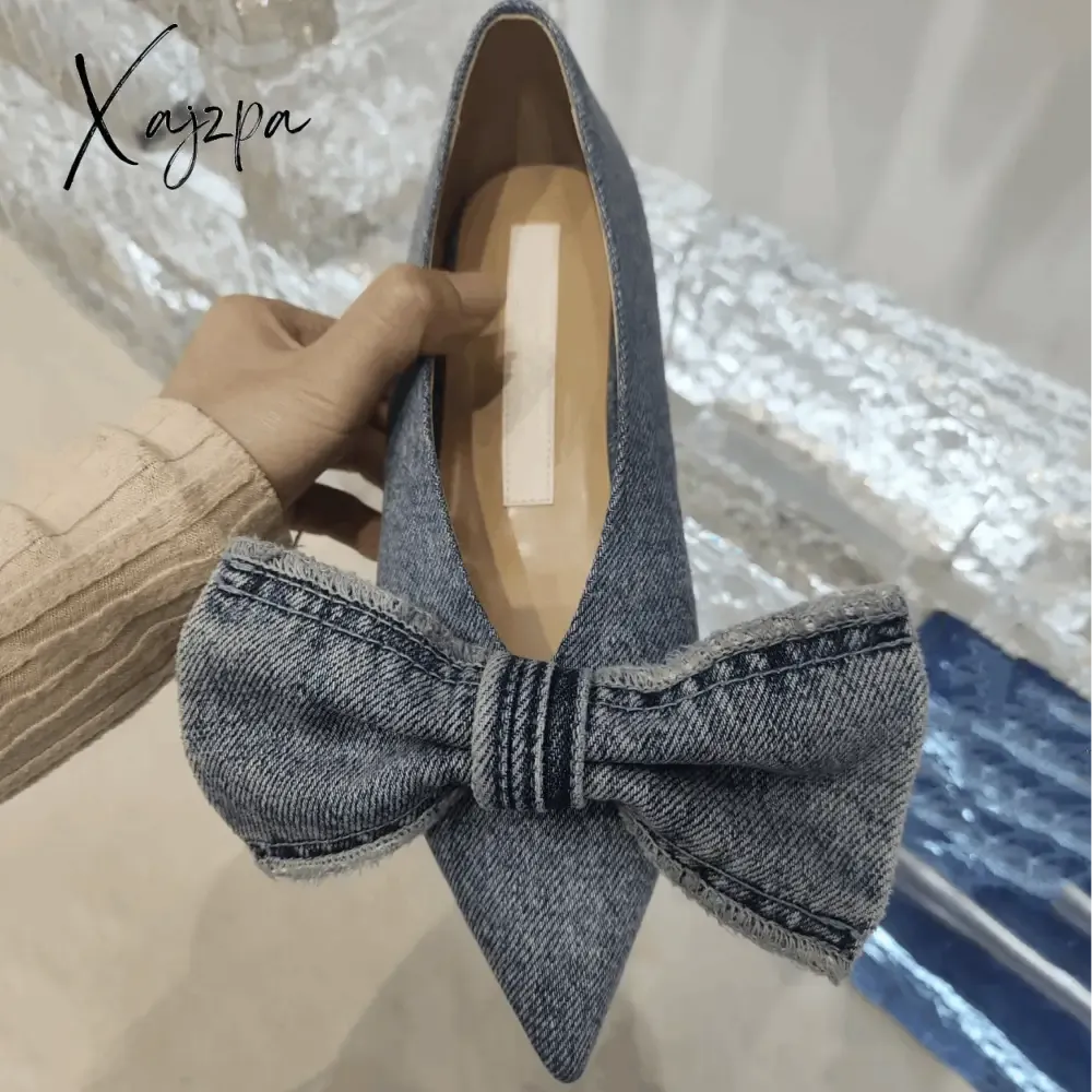 Xajzpa - NEW Blue Square Toe Bowknot Princess Single Shoes Spring and Summer Denim Shallow Mouth Sweet Personality Casual Flat Shoes