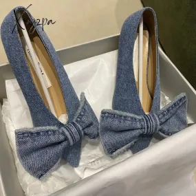 Xajzpa - NEW Blue Square Toe Bowknot Princess Single Shoes Spring and Summer Denim Shallow Mouth Sweet Personality Casual Flat Shoes