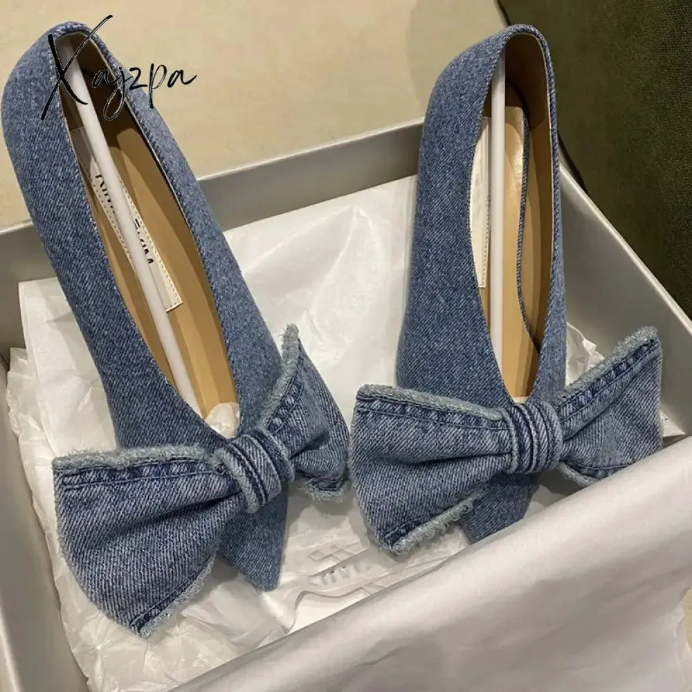 Xajzpa - NEW Blue Square Toe Bowknot Princess Single Shoes Spring and Summer Denim Shallow Mouth Sweet Personality Casual Flat Shoes